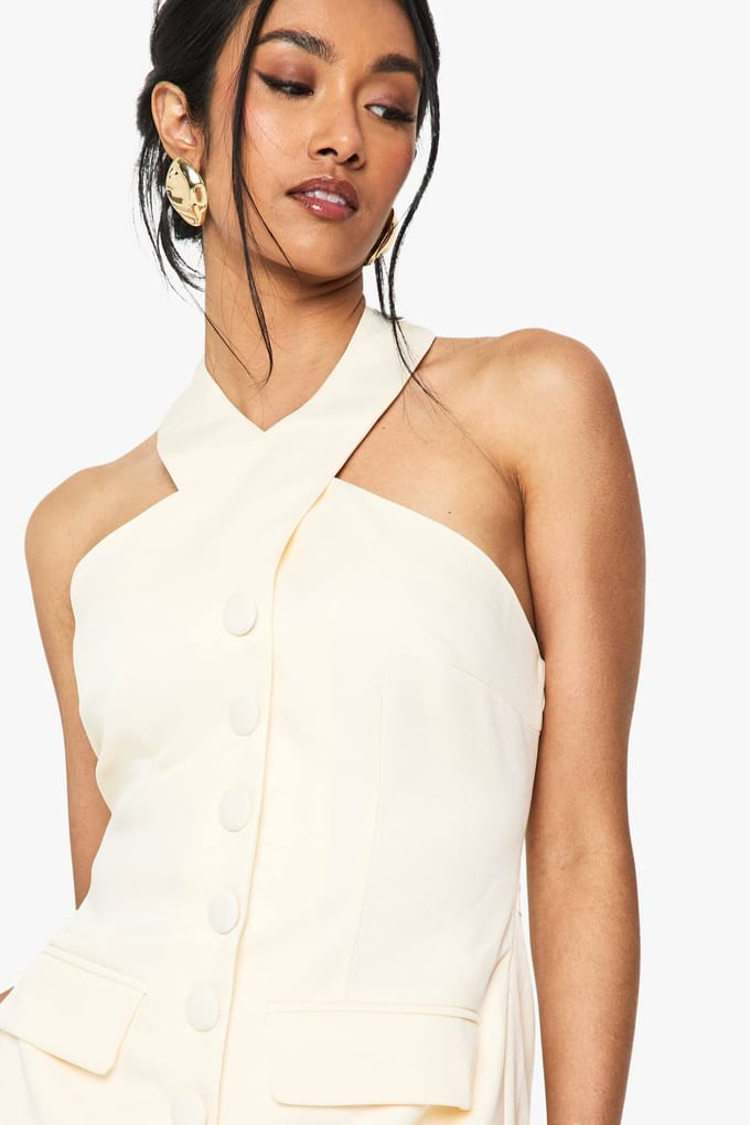 boohoo Dames Halterneck Tailored Micro Mini Jurk | Ivory | Maat: 14