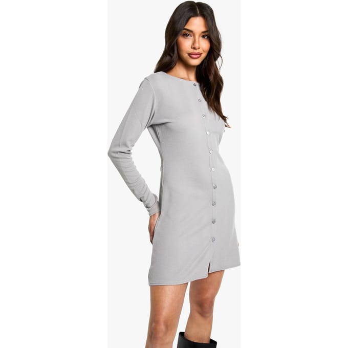 boohoo Dames Geribbelde Button-Down Smock Mini Jurk | Grey | Maat: 16