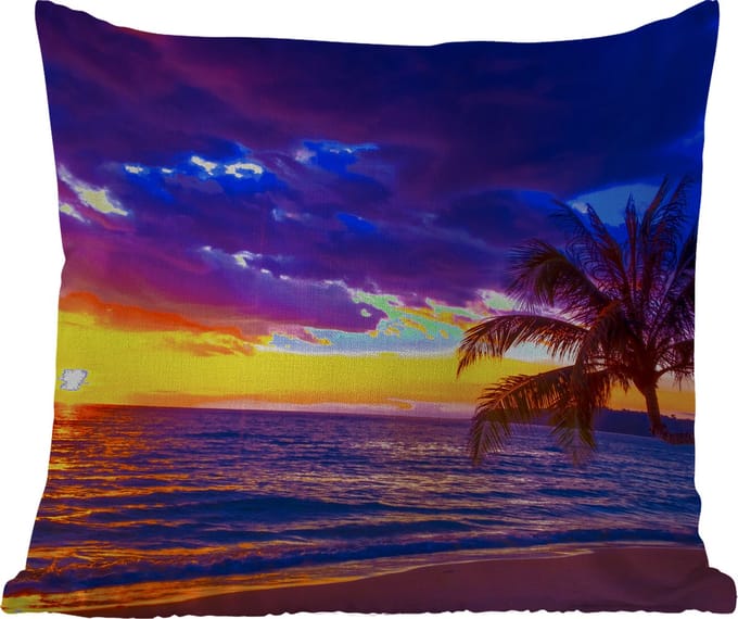 Tuinkussen - Palmboom - Paars - Zonsondergang - Strand - Zee - 40x40 cm - Weerbestendig