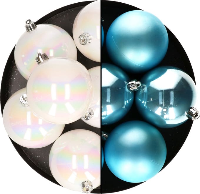 Decoris Kerstballen - 12x st - 8 cm - parelmoer wit en blauw - kunststof