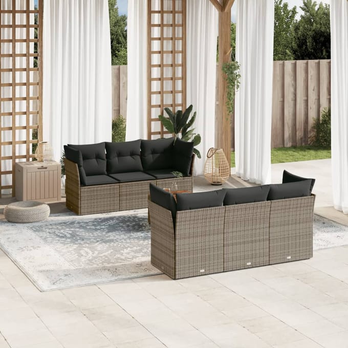 vidaXL - 7-delige - Loungeset - met - kussens - poly - rattan - grijs