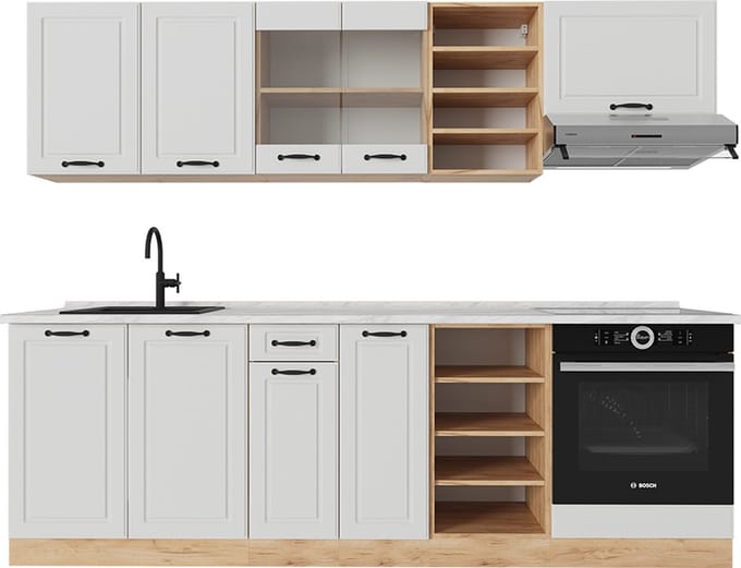 Vicco R-Line Complete keukeneenheid – 240 cm, WB Marmer Wit landhuis/gouden eik