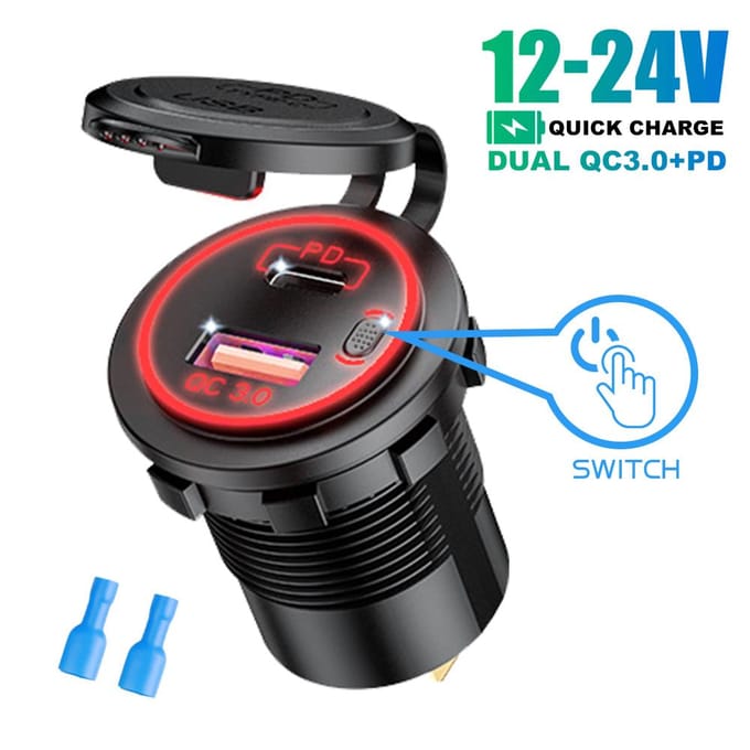 65W QC3.0 USB PD Autolader Socket Waterdicht Snellaadadapter met Aan/Uit Schakelaar voor Auto Motorfiets Boot Marine