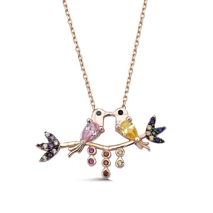 Dubbel Vogel Pendant Hanger met Rose Gold - Ketting 35cm +5cm