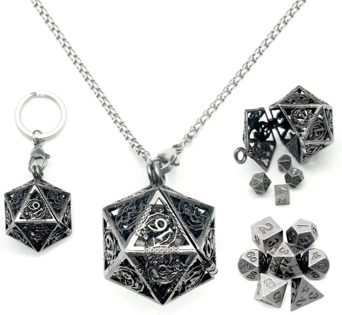 Mini Metalen D&D Dobbelstenen Set 7-Delig met Draagbare Ketting & Houder