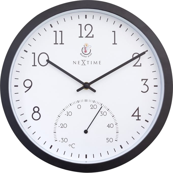 NeXtime Marigold – Buitenklok – 30.5 cm – Metaal – Zwart/Wit – Weerbestendig – Met thermometer