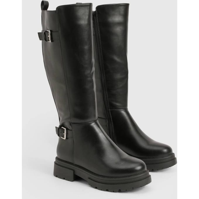 boohoo Dames Brede pasvorm dubbele gesp kniehoge bikerlaarzen | Zwart | Maat: 36