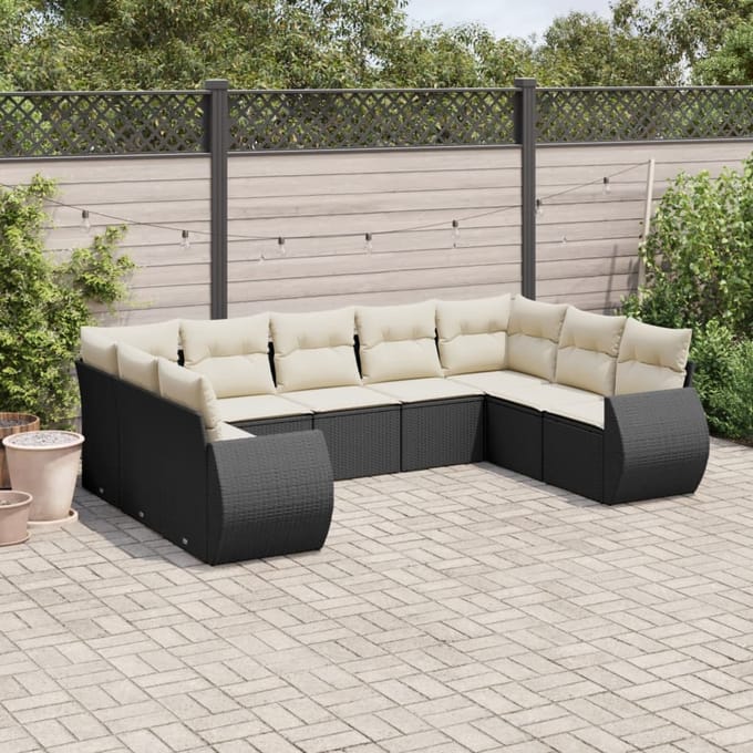 vidaXL - 9-delige - Loungeset - met - kussens - poly - rattan - zwart