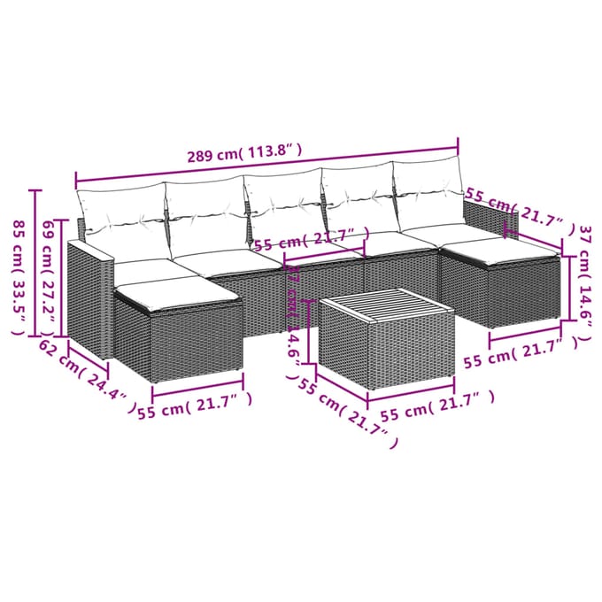 vidaXL - 8-delige - Loungeset - met - kussens - poly - rattan - zwart