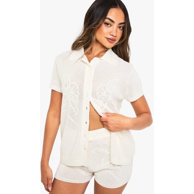 boohoo Dames Bloemige Gebreide Haakshort | Cream | Maat: Large