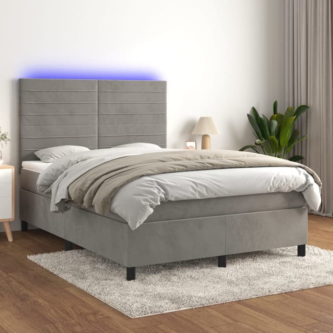 vidaXL - Boxspring - met - matras - en - LED - fluweel - lichtgrijs - 140x190 - cm