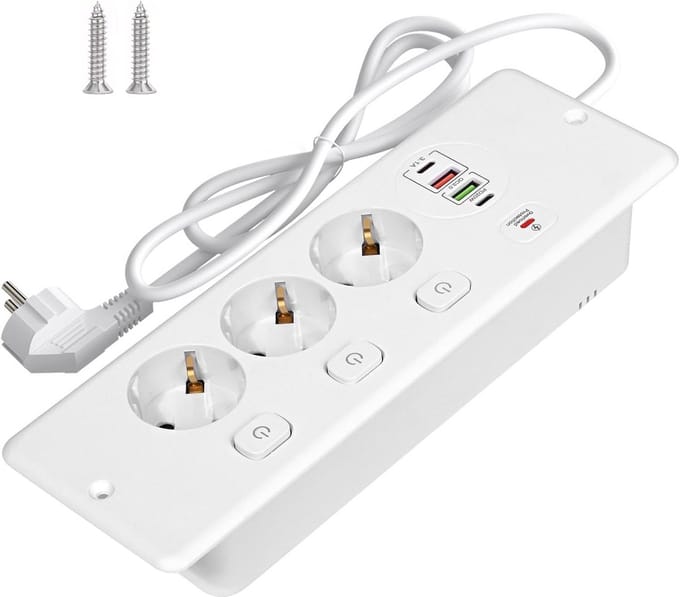 Inbouwtafelcontactdoos met USB-C, 3 Stopcontacten en 4 USB-Poorten, Uitschuifbaar, Wit