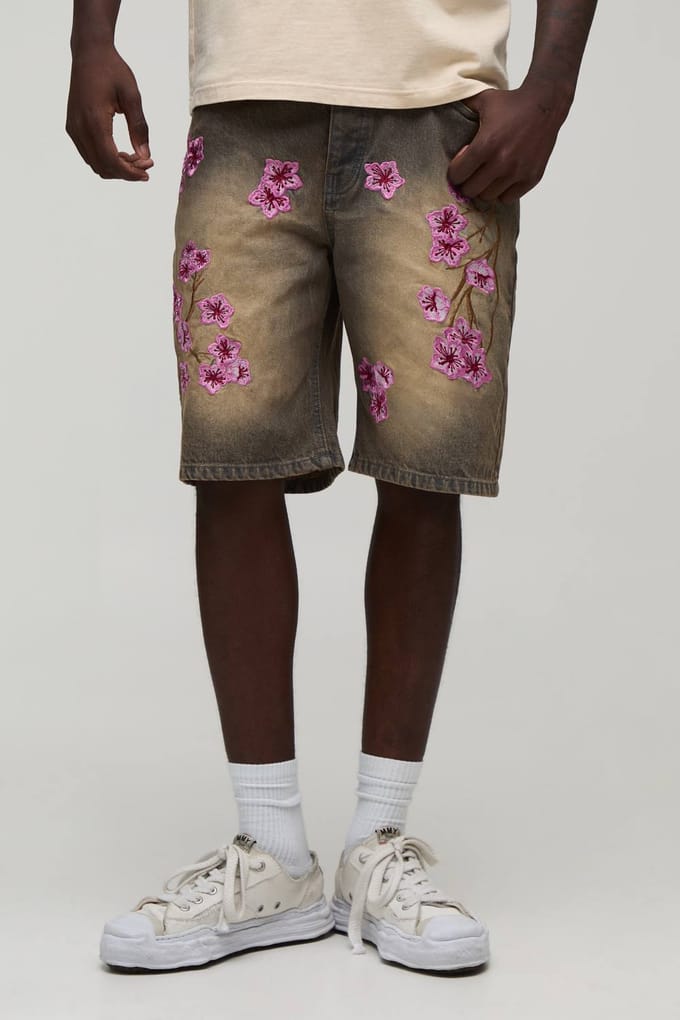 Gebloemde Geborduurd Relaxed Denim Short | Stonewash | Size 36