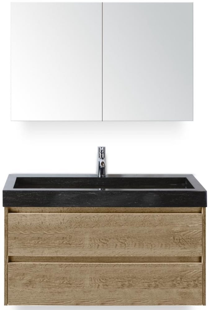 Dante Badmeubelset 100 cm - Natuur Eiken - Wastafel Hardsteen Wit Lucca met Spiegelkast