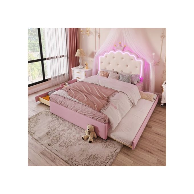 Stapelbed - MUVOE - 140 x 200 cm - Roze - 2 lades - Verstelbare LED roze