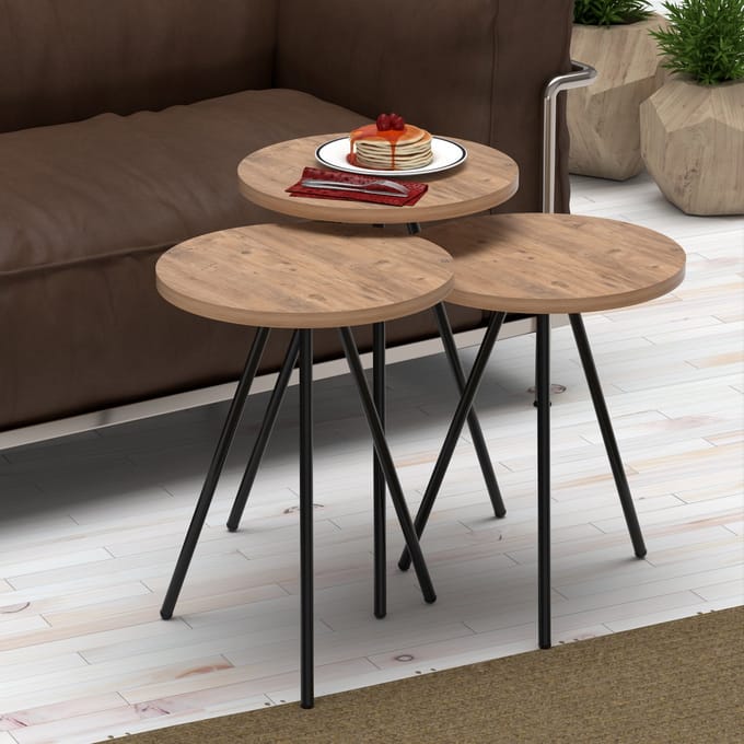 Bijzettafel Ølgod rond set van 3 houtkleurig en zwart