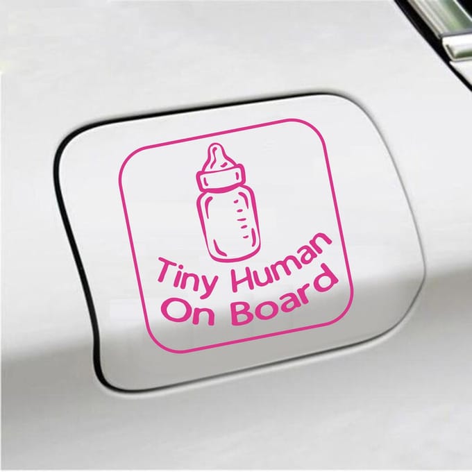 Bumpersticker - Tiny Human On Board - 14 X 14 - Roze