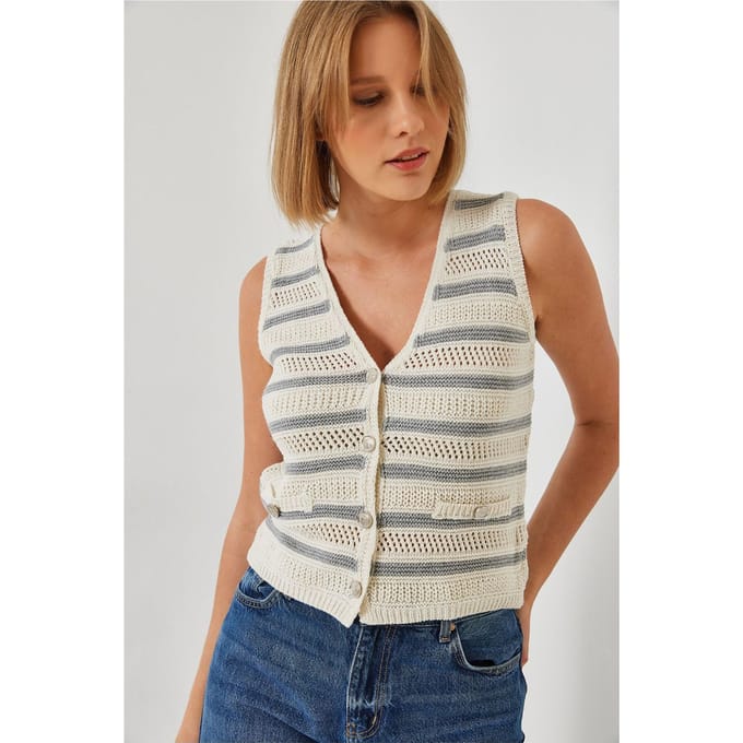 Gestreepte V-hals Cropped Vest met Knopenluiting