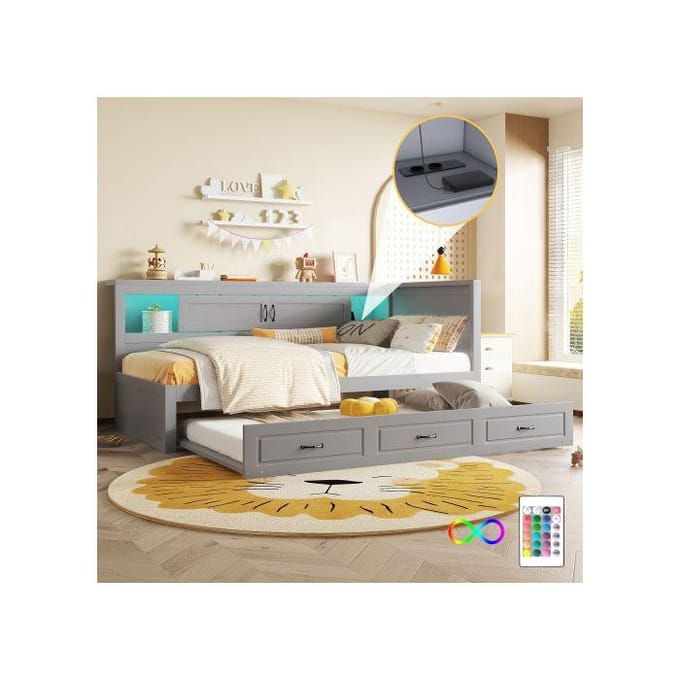Canapé-lit - MUVOE - 90x200cm - Éclairage d'ambiance - Rangement intégré - Prise + USB gris