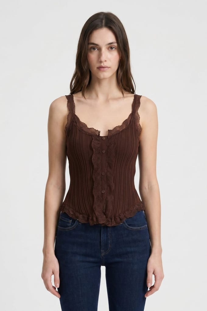 Aangesloten mouwloze kanten geribde blouse met knopen