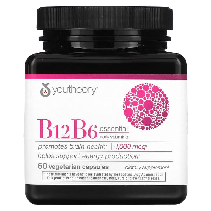 Youtheory, B12 B6, vitamines essentielles quotidiennes, 1 000 mcg, 60 gélules végétales