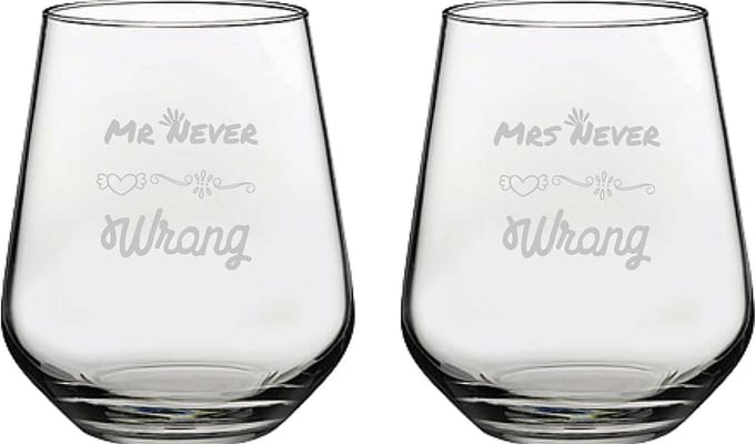 Gegraveerde set drinkglazen 42,5cl Mr. Never wrong - Mrs. Never wrong