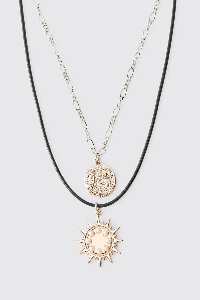 Double-Layered Necklace with Sunburst and Medallion | Gold