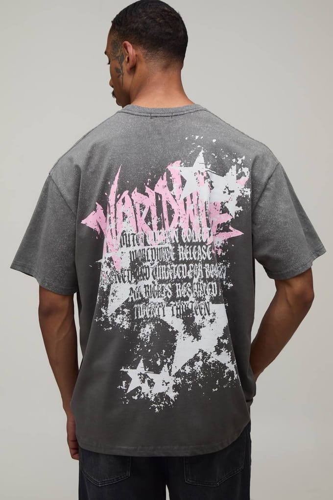 Antraciet Oversized Ster Graffiti Print Spray Wash T-shirt | Charcoal | Size Medium