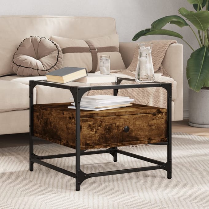 vidaXL - Salontafel - met - glazen - blad - 50x50x45 - cm - gerookt - eiken - staal