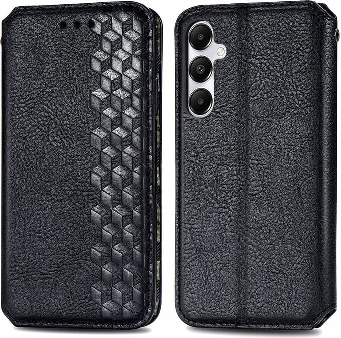 Luxe PU Lederen Ruitpatroon Wallet Case + PMMA Screenprotector voor Galaxy A55 5G _ Zwart