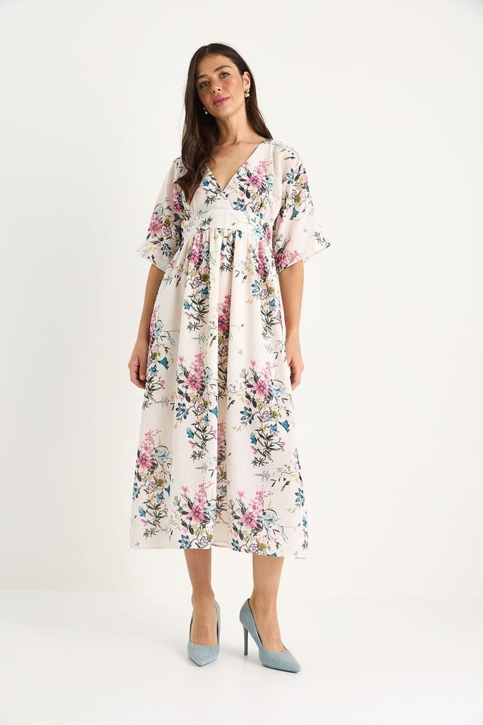 Bloeiende V-hals Midi-jurk