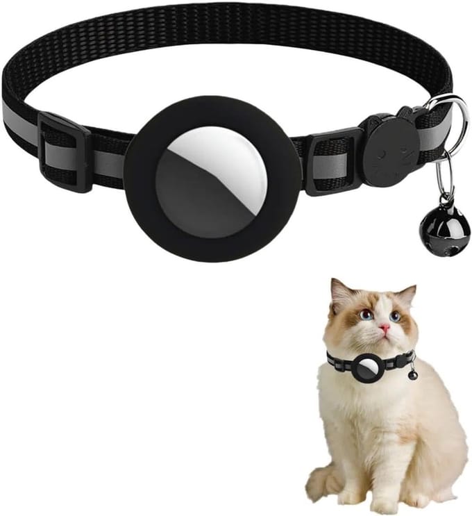 Verstelbare reflecterende veiligheidscollar voor katten met veiligheidssluiting en silicone houder voor AirTag tracker, zwart