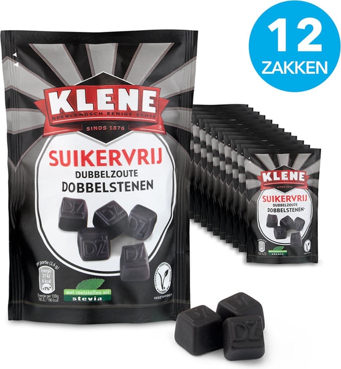 Klene Dubbelzoute Dobbelstenen - suikervrij - 110g x 12