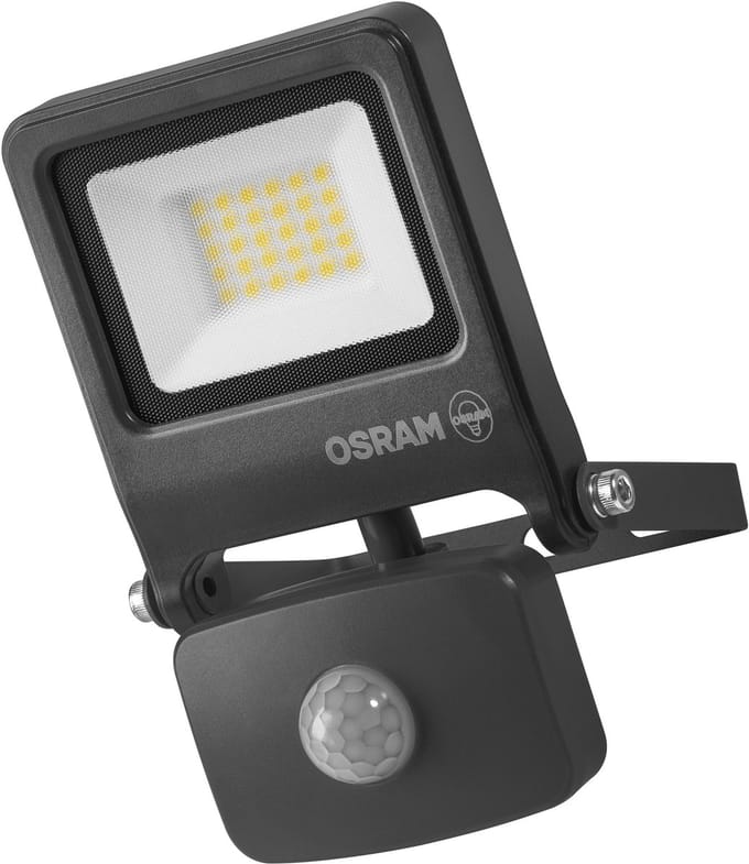 OSRAM ENDURA FLOOD PC 20W LED-schijnwerper met sensor, 3000K warm wit, 1800 lumen, IP44 schijnwerper met bewegingsdetectie, instelbaar 5 s-10 min, Grijs