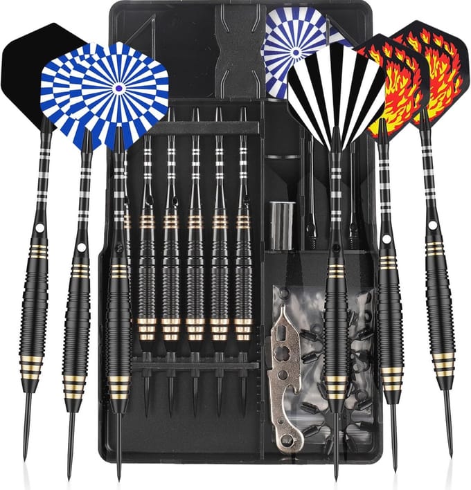 Professionele dartset met 6 stalen tip darts, 24g metalen dartpijlen en accessoires