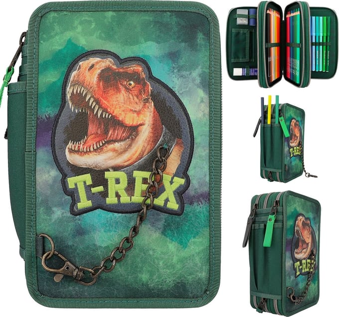 Depesche Dino World - T-rex - Triple Pencil Case - Green with Chain