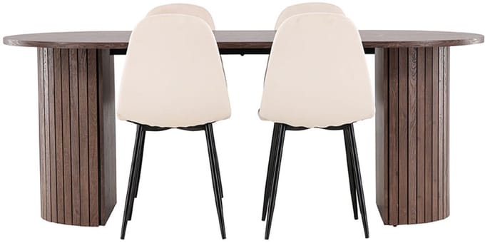 Härön eethoek tafel 90x200cm en 4 velours stoelen mocca.