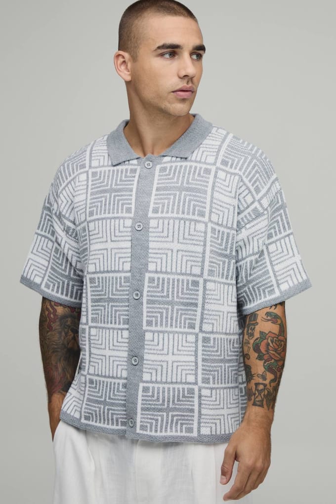 Boxy Fit Square Tapestry Button Up Knitted Shirt | Grey | Size Medium