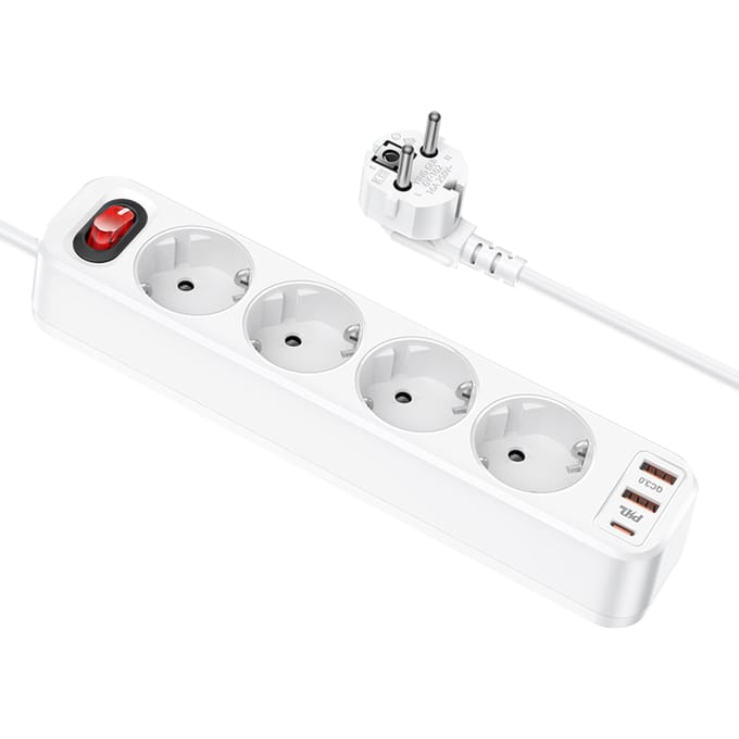 Hoco 4-voudige Stekkerdoos met 2 USB-A en 1 USB-C Poort - Wit