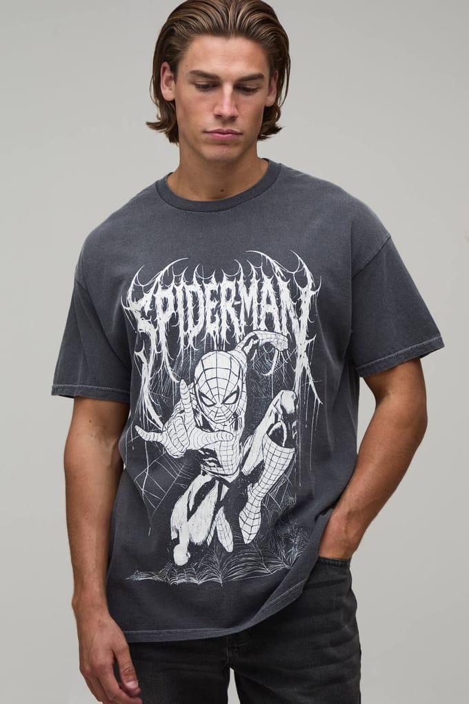Gewassen Oversized Spiderman Gothic Licentie Print T-shirt | Washed Charcoal | Size Small