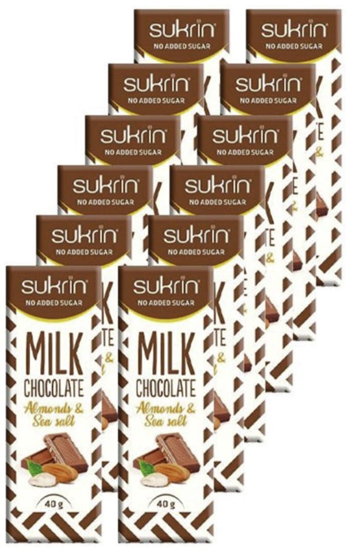 Sukrin | Melkchocolade | Amandelen & Zeezout | 12 Stuks | 12 x 40 gram