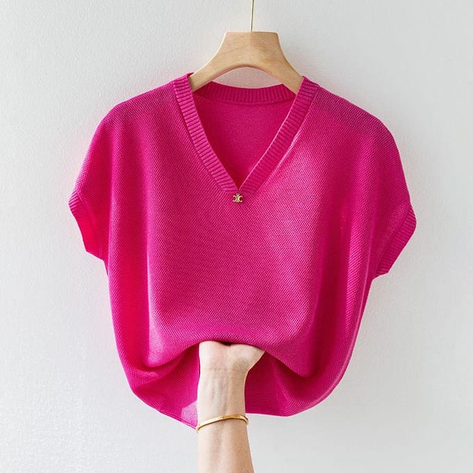 Verhoogde Zomer T-shirt met Korte Mouwen voor Dames, Losse Pasvorm, Oversized, Dunne Top, Basis Gebreide Trui L gray