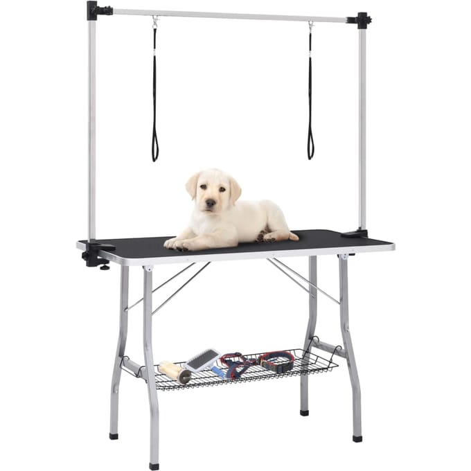 vidaXL - Hondentrimtafel - verstelbaar - met - 2 - lussen - en - opbergschap