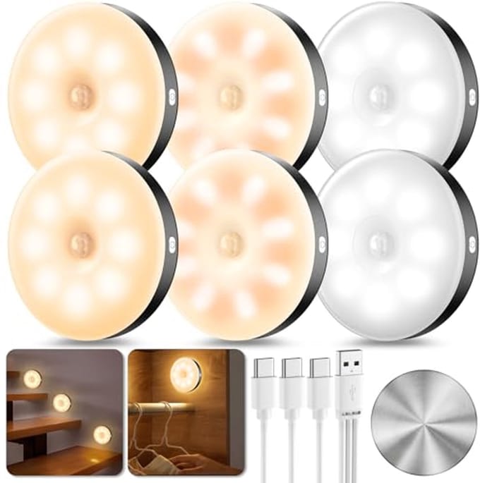 LED Nachtlampjes met Bewegingssensor - 6 Stuks, USB Oplaadbaar, 3 Kleurtemperaturen, Magnetisch, Compact