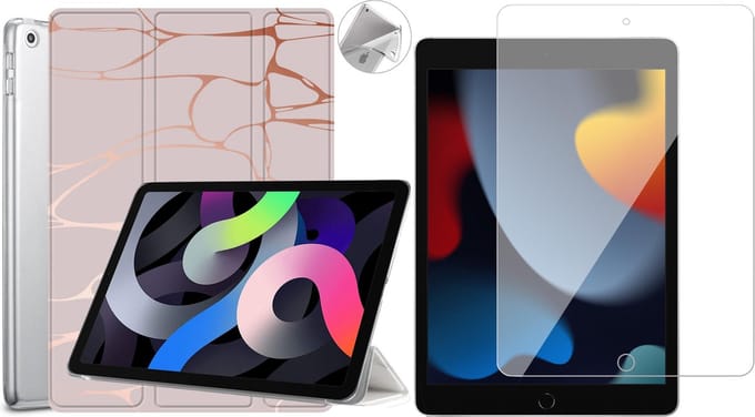 Hoesje geschikt voor iPad 2021 - 10.2 inch - Book Case Marmer Roze - Screenprotector - Trifold