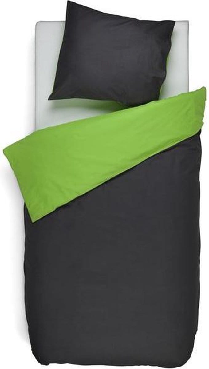 Snoozing Two Tone - Flanel - Dekbedovertrek - Eenpersoons - 140x200/220 cm + 1 kussensloop 60x70 cm - Antraciet/Lime