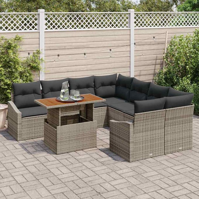 vidaXL Tuin Eettafel Set met kussen 9 pcs Grijs en Bruin