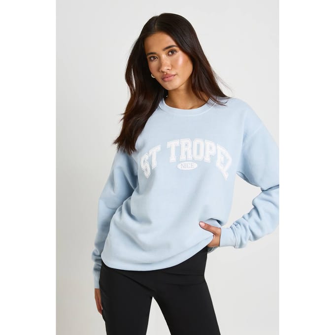 boohoo Dames St Tropez Bedrukte Gewassen Oversized Sweatshirt | Lichtblauw | Maat: Small