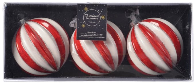 Decoris Luxe kerstballen - 9x - rood/wit gestreept - D8 cm - glas - glitter - brass - Kerstversiering/kerstboomversiering