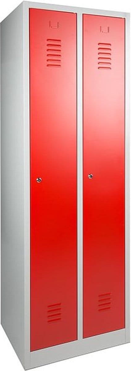 Industriële locker garderobekast 2- delig deur rood op de sokkel en cilinderslot